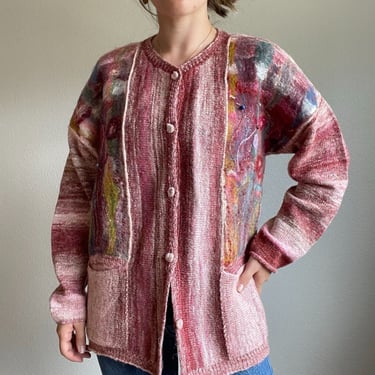 Vintage Hand Knit Wool Cashmere Blend Floral Cardigan Hippie Sweater Boho Sz L 