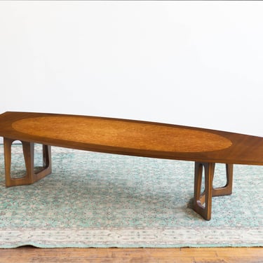 Vintage Mid Century Lane "Cosmic" Walnut and Burlwood Surfboard Coffee Table 