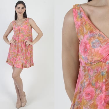 Vintage 60s Chiffon Dress, Bright Floral Print, Short Mini Skirt, Watercolor Rose Capelet 
