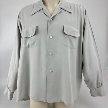 1940's Rayon Gabardine Shirt - Gray Gabardine - SKIPPER Label - Flap Patch Pockets - Loop Collar - Men's Size EXTRA LARGE 