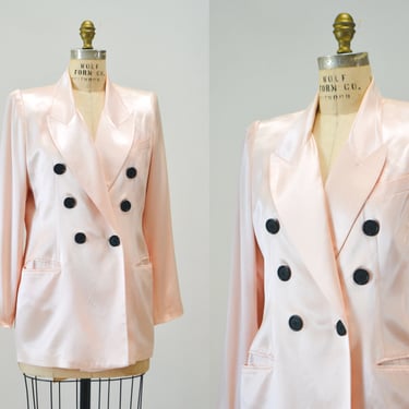 90s Vintage Pink Satin Jacket Blazer Barbie Pink Coral Satin Jacket Medium by Criscione // 90s Vintage Pink Wedding Party Jacket Blazer 