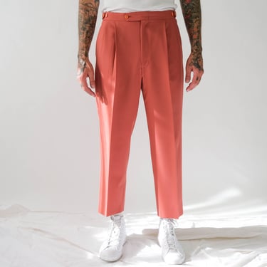 Vintage 80s Mauve Pink Pleated Polyester Slacks w/ Adjustable Button Waist | 100% Polyester | 1980s Preppy, Golf, Streetwear Mens Pants 