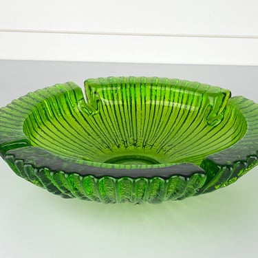 Vintage Blenko Large Art Glass Ashtray Ribbed Green Mid Century Modern 9" 