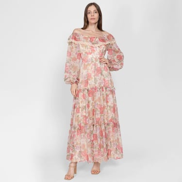 XS 70s Boho Pink Floral Off-Shoulder Peasant Maxi Dress | Vintage Long Balloon Sleeve Bohemian Hippie Prairie Gown 