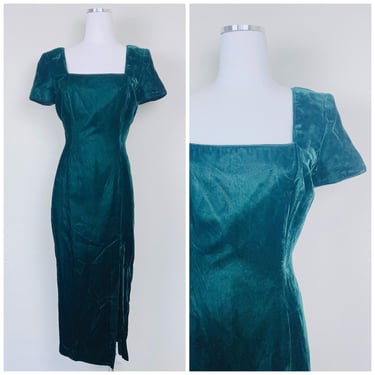1980s Vintage Kathryn Conover Forest Green Wiggle Dress / 80s Square Neck Velvet Party Dress / Size Medium 