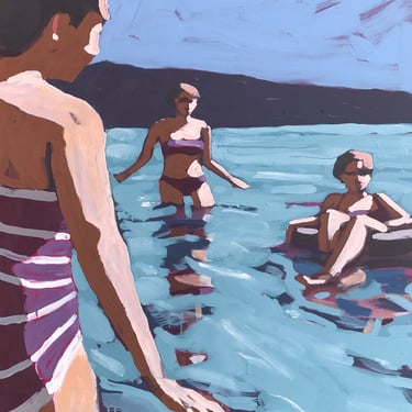 Women in Lake - Original Acrylic Painting on Canvas 36 x 48, water, ocean, float, summer, michael van, gallery, friends, stripes, large 