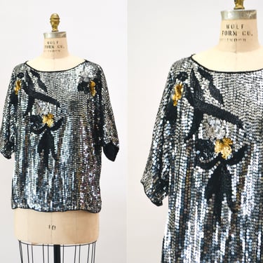 70s 80s Vintage Beaded Shirt Top Black Silver Top Large Shirt 70s 80s Glam Disco party Silver Metallic Sequin Top Size Medium Large 