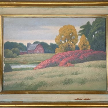 1930s Frederic Calhoun Framed Oil Painting Barn Autumn Landscape Minnesota Artist 