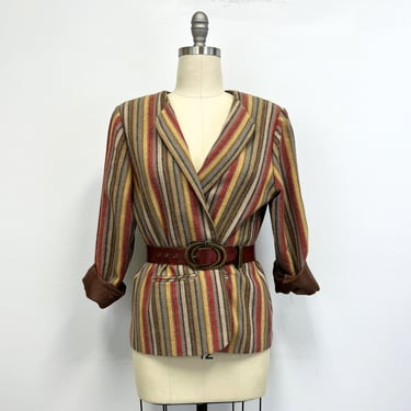 Vintage Striped  Jacket | Womens 1980s Collarless Wool Blend Blazer | Plus Size 