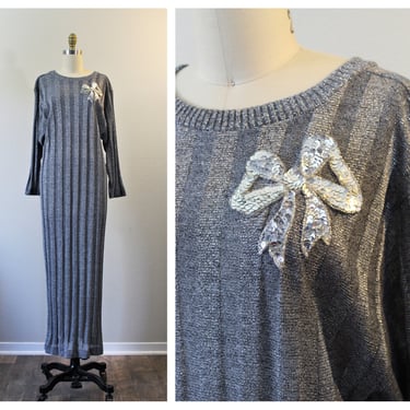 Vintage 70s 1980s Lucie Ann Silver Lame metallic ribbed knit Sweater Dress sequin bow evening cocktail // US 6 8 Small Medium Easy Fit 