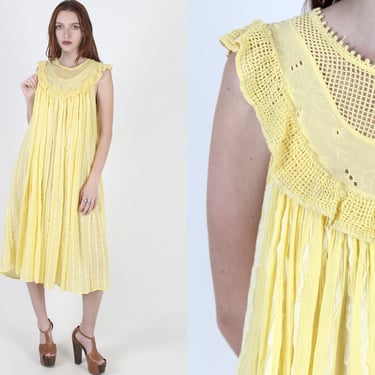 Buttercup Gauze Mexican Dress / Thin Sheer Sleeveless Cotton Dress / Crochet Beach Cover Up Dress / Vintage Mexican Inspired Midi Dress 