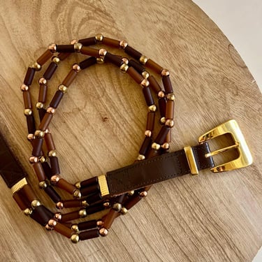Vintage 90s Express Genuine Leather Brown Beaded Gold | so  display picture 2