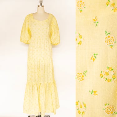 1970s Maxi Dress Floral Poof Sleeve L 