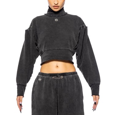 TURTLE NECK SAFETY PIN CROPPED TOP IN DARK CLOUD TERRY
