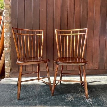 Pair American 19th Century Windsor Side Chairs faux-Bamboo Carved Plank Seats 1800s Antique Vintage 
