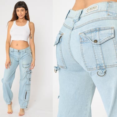 XOXO Cargo Jeans Y2K Baggy Jeans Low Rise Light Blue Denim Pants Straight Leg Boyfriend Streetwear Carpenter Vintage 00s Small 5/6 