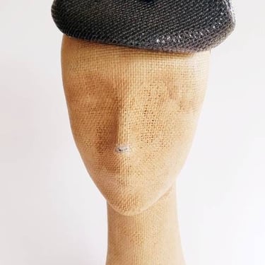 1950s Black Straw Beanie Hat / 50s Sculpted Modernist Hat Junia hats Carson Pirie Scott Co Chicago 