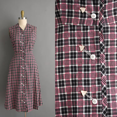vintage 1950s Dress | Peggy Princess Pink & Black Plaid Print Cotton Day Dress | Medium 