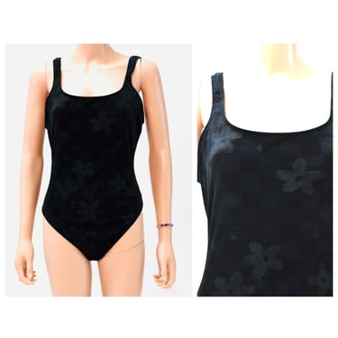 90s Vintage Black Velvet Swim Suit Black One Piece Black Velvet High cut swimsuit Size Medium Large by Sessa Flower Embossed Velvet Swimsuit 