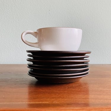 Heath tiny dishes or saucers / vintage set of 6 brown and white Gourmet rim line plates / 1960s–1970s California ceramics 