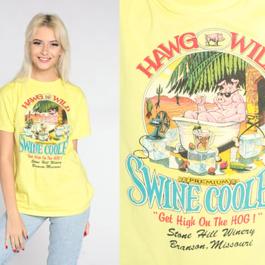 Funny Wine Shirt 90s Stone Hill Winery T-Shirt Hawg Wild Pig Swine Cooler Joke Graphic Tee Branson Missouri Yellow Vintage 1990s Medium M 