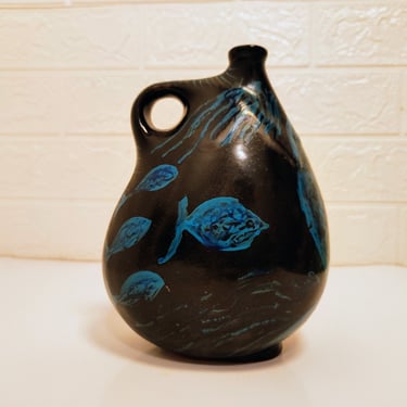 Vintage Ceramic Vase/ Flower Vase/ Black Ceramic Fish Vase/ Hand Painted Vase with Fish / Decorative Vase/ Home Decor/ Kitchen Decor / 90s 