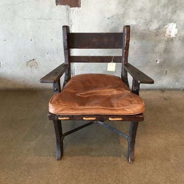 Early Monterrey 1930s Rope Seat Chair & Leather Cushion - Old Wood Finish