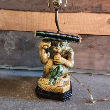 Vintage Majolica Ceramic Monkey Table Lamp 6.5 x 17 x 8