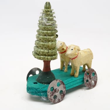 Antique 1940's German Sheep & Christmas Tree Pull Toy, Vintage Hand Carved, Hand Painted for Nativity Putz 