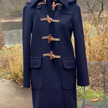 Vintage Navy Blue Wool Duffer Coat With Hood Size 8 