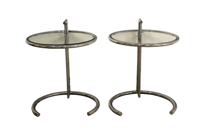 Mid Century Modern Pair of Eileen Gray Style Adjustable Side End Chrome Tables 