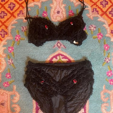 Vintage 1960s lingerie set bra and panties s/m black nylon ruffles fetish 60s 