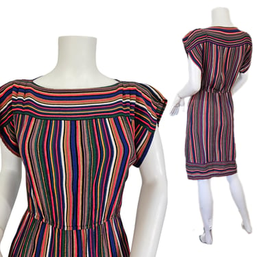 1980's Rainbow Striped Rayon Crepe Midi Dress I Sz Sm 