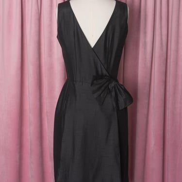 1960s Carol Craig Raw Silk Black Wrap Cocktail Dress with Bow and Bustle 