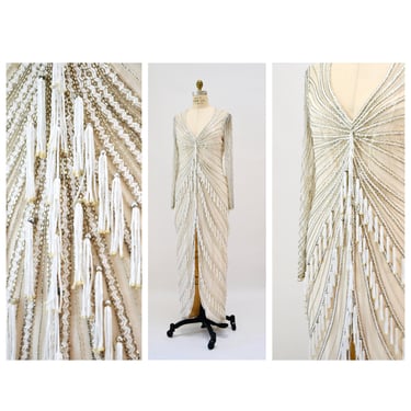 80s 90s Vintage Silver White Cream Beaded Gown Dress Medium Large By Bob Mackie Silk// Vintage Wedding Gown Beaded Fringe Art Deco Gown 