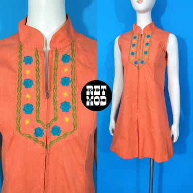 ROMPER Vintage 60s 70s Peachy Orange Cotton Sleeveless Embroidered Zip Front Mod Romper 