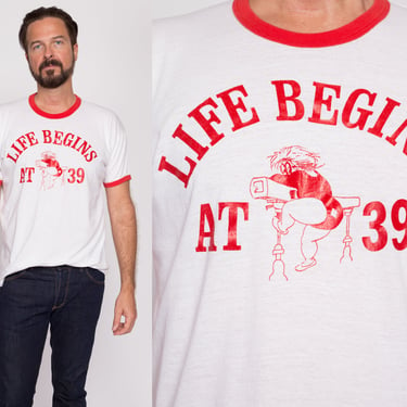 L| 80s "Life Begins At 39" Funny Birthday T Shirt - Men's Large | Vintage White Red Gymnast Graphic Ringer Tee 