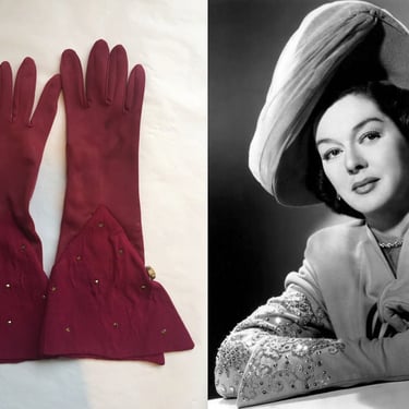 It's a Rosalind Day - Vintage 1940s Vivid Burgundy Rayon & Crepe Rayon Gauntlet Gloves w/Gold Details - 7 