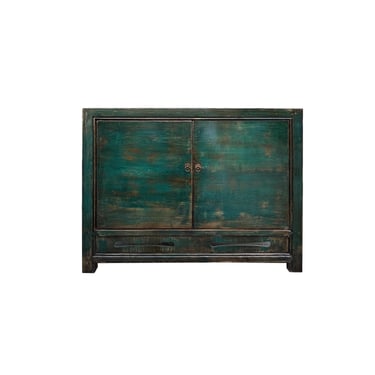 Distressed Dark Teal Blue Green Doors Credenza Sideboard Console Table ws4386E 