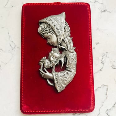 Vintage French Pewter Collectables artistic 3D Figurine Mom and Child Red Velvet Wall Plaque by LeChalet