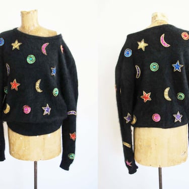 Vintage 80s Black Angora Fuzzy Sweater Sequin Celestial Star Moon Patches - Jeweled Vintage Slouchy Knit Sweater 