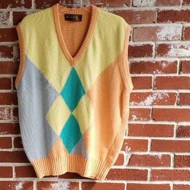 Vintage 80s/90s Cotton Argyle Vest Yummy  Colors Made in Scotland Lyle and Scott Golf Sweater  sz 44 