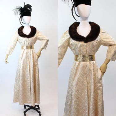 1960s I MAGNIN GOLD metallic MINK gown dress robe | new fall winter 