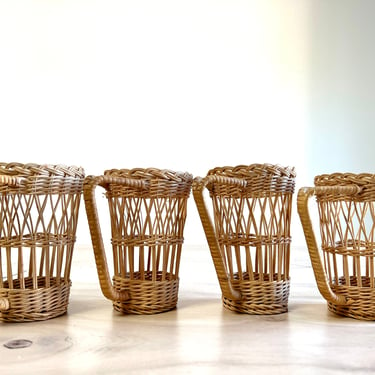 Set of 4 Large Vintage Wicker Cup Holders with Handles 