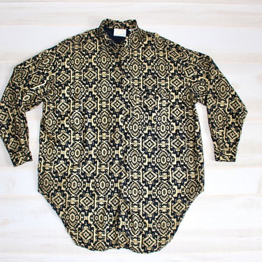 Vintage 80s Gold Print Blouse, 1980s Abstract Blouse, Geometric, Brocade, Button Up, Collar Shirt, Oversized Tunic 