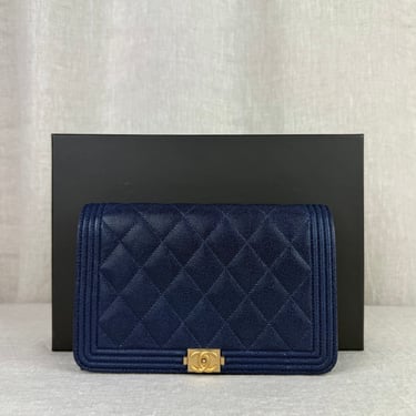 Chanel Navy Quilted Caviar Boy Wallet on Chain