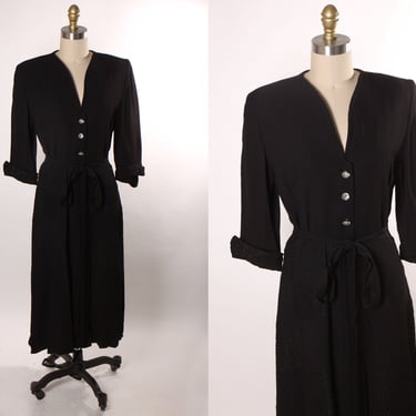 1940s 3/4 Length Sleeve Black Checker Style Rhinestone Button Dress -M 