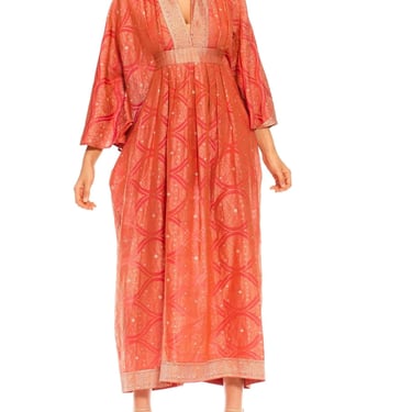 Morphew Collection Pink  Peach Metallic Gold Silk Geometric Kaftan Made From Vintage Saris 