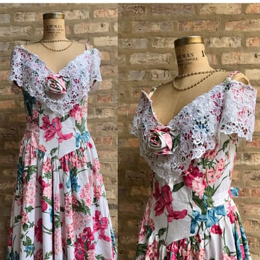 1990's Off the Shoulder Floral Prom Dress 