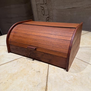 Vintage Teak Wood Tambour Storage Box Bread Box Mid Century 